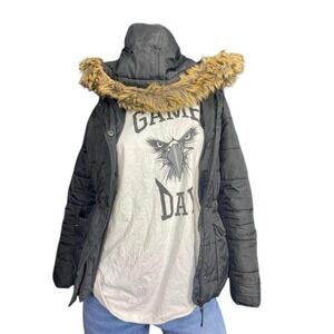 Maralyn & Me Black Puffer Coat Faux Fur Hooded Lightweight Winter Small Jacket